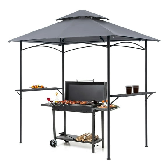 JOIVI Grill Gazebo 8 x 5 Double Tiered Outdoor BBQ Grill Patio Canopy, Backyard Barbeque Tent with Extra Shelves, Gray