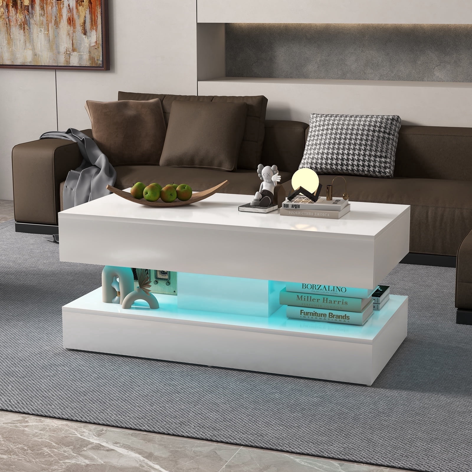 JOIVI High Gloss Coffee Table with 2 Storage Drawers, Modern LED Coffee Table, 2 Tiers Rectangle Center Table, 16-Color LED Lights, White