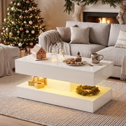 JOIVI High Gloss Coffee Table with 2 Storage Drawers, Modern LED Coffee Table, 2 Tiers Rectangle Center Table, 16-Color LED Lights, White