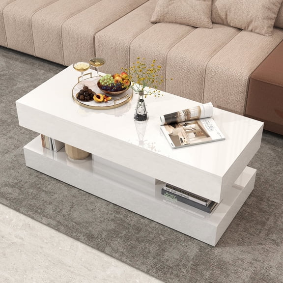 JOIVI LED Coffee Table with 2 Storage Drawers, 47" High Gloss Coffee Table, 2 Tiers Rectangle Center Table, 16-Color LED Lights, White