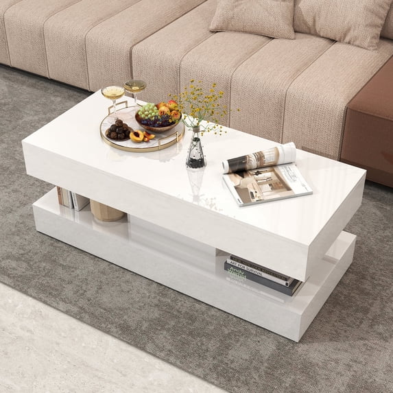 JOIVI LED Coffee Table with 2 Storage Drawers, 47" High Gloss Coffee Table, 2 Tiers Rectangle Center Table, 16-Color LED Lights, White