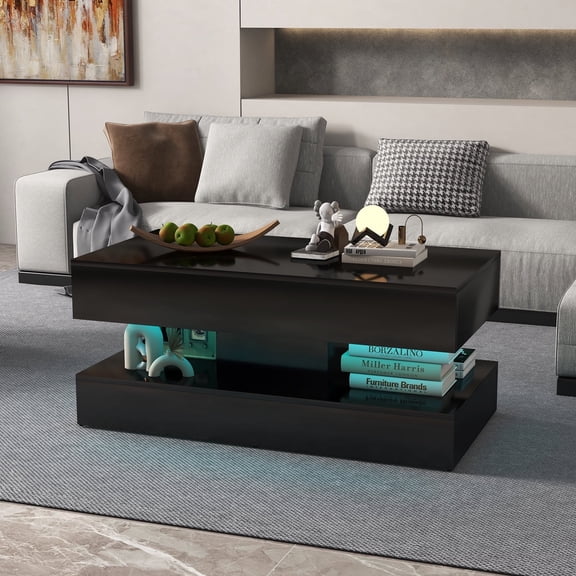 JOIVI LED Coffee Table with 2 Storage Drawers, Modern High Gloss Coffee Table, 2 Tiers Rectangle Center Table, 16-Color LED Lights, Black