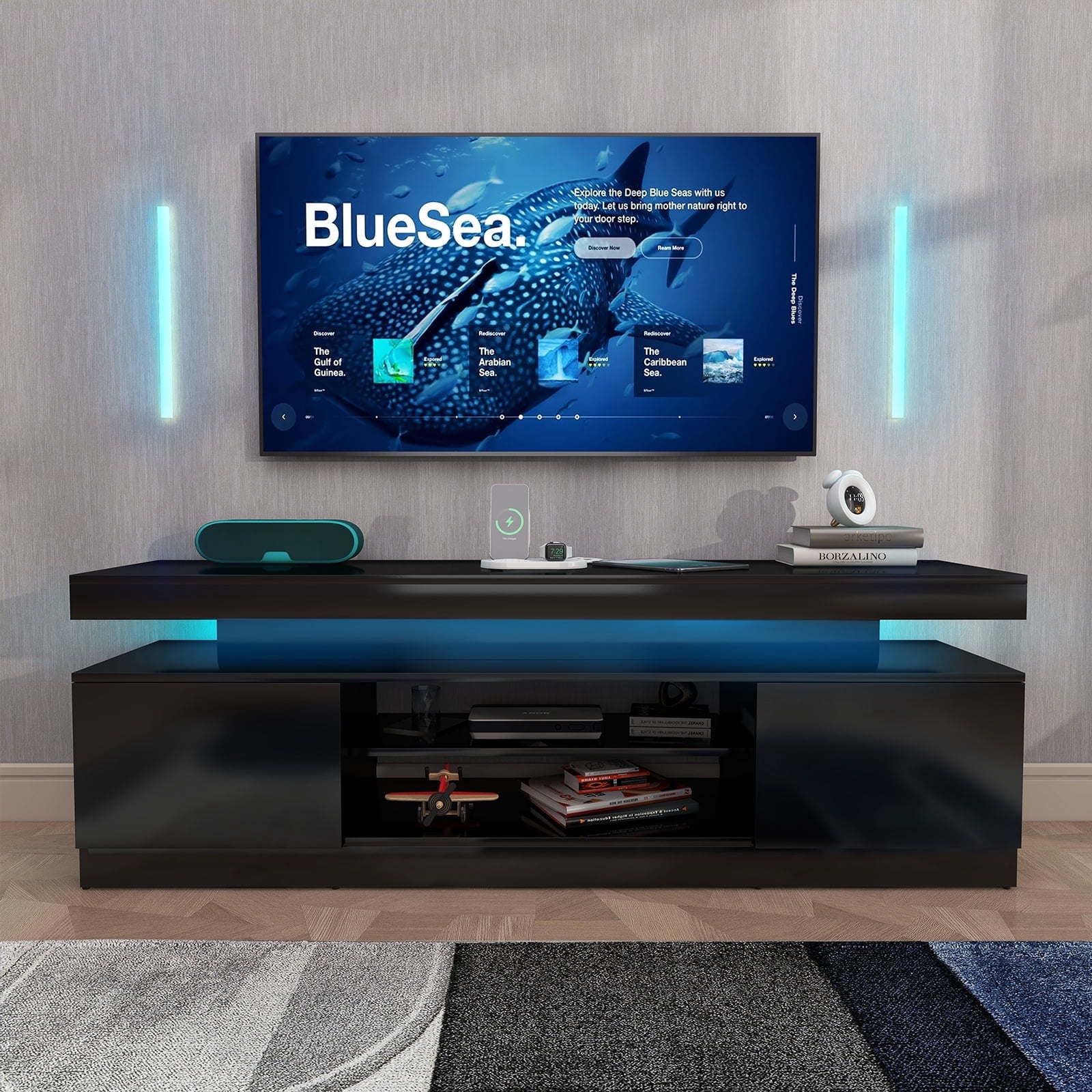 JOIVI LED TV Stand with Power Outlets, Modern High Gloss Entertainment Center for TVs Up to 75", TV Media Console with Storage, Black
