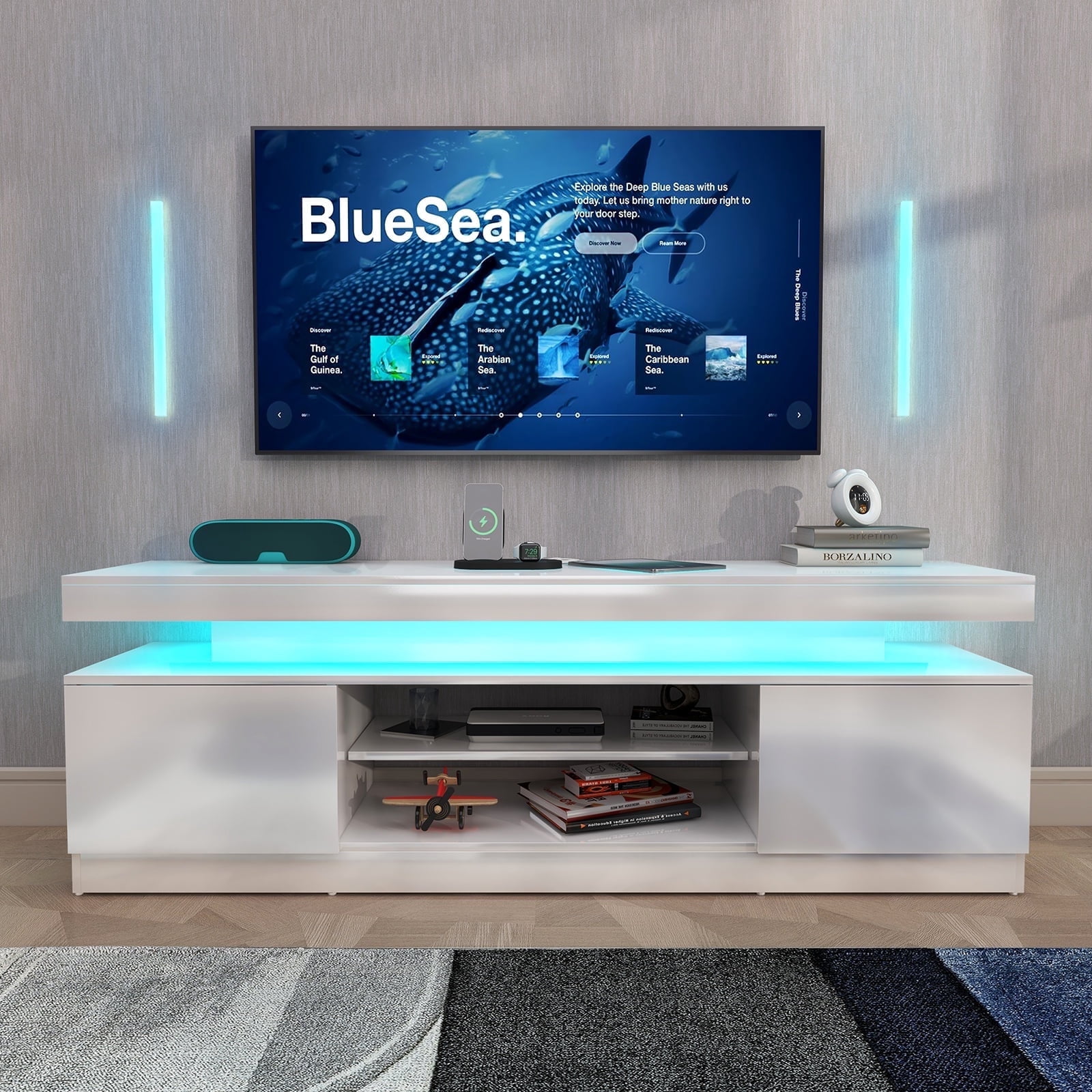 JOIVI LED TV Stand with Power Outlets, Modern High Gloss Entertainment Center for TVs Up to 75", TV Media Console with Storage, White