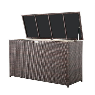 JOIVI Large Outdoor Patio Storage Box, 120 Gallons Wicker Aluminum Frame Deck Box with Hinged Lid, All-weather Rattan Storage Bin for Patio Cushions, Garden Tools and Pool Toys, Brown
