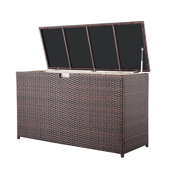 JOIVI Large Outdoor Patio Storage Box, 120 Gallons Wicker Aluminum Frame Deck Box with Hinged Lid, All-weather Rattan Storage Bin for Patio Cushions, Garden Tools and Pool Toys, Brown