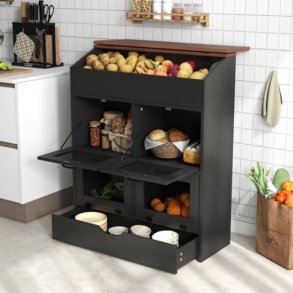 JOIVI Large Potato Storage Bin, 31'' Bread Storage Wood Bin with Removable Drawer & Mesh Doors, Onion Organizer & Vegetable Organization Cabinet for Kitchen, Black