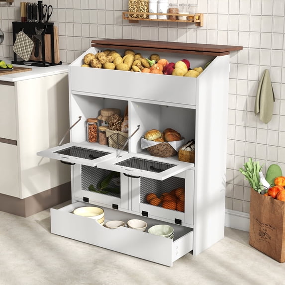 JOIVI Large Potato Storage Wood Bin, Wooden Bread Storage Bins with Removable Drawer & 4 Doors, 31'' Onion Organizer with Grocery Section, Vegetable Organization Cabinet for Kitchen, White