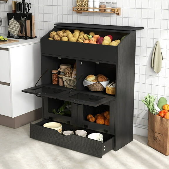 JOIVI Large Potato Storage Wood Bin, Wooden Bread Storage Bins with Removable Drawer & 4 Doors, 31'' Onion Organizer with Grocery Section, Vegetable Organization Cabinet for Kitchen, Black