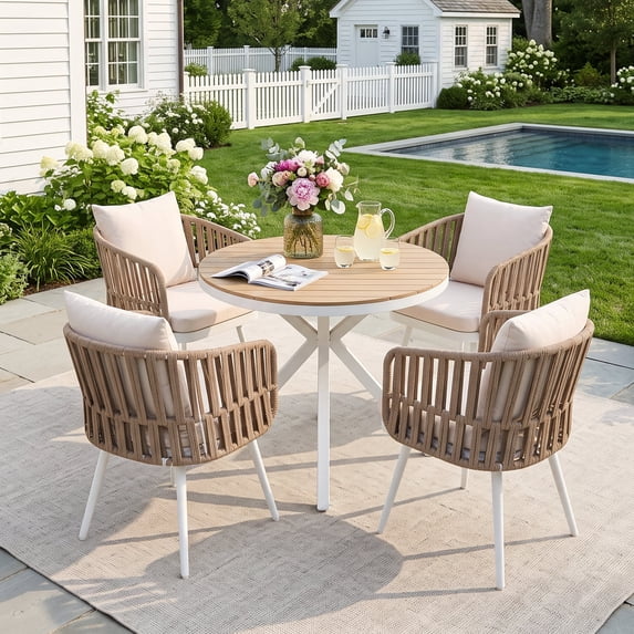 JOIVI Outdoor 5 Piece Patio Dining Set, Round Dining Table Set with Acacia Wood Top and 4 Woven Rope Chairs, Outdoor Dining Set for Garden, Backyard, Porch