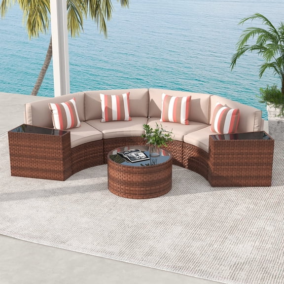 JOIVI Outdoor 7-Piece Half-Moon Sectional Furniture Set with Round Coffee Table, Patio Curved Sofa Set, Beige Cushion and Brown Wicker, Incl. Waterproof Cover