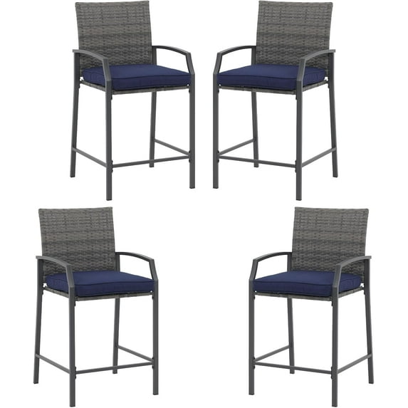 JOIVI Outdoor Bar Stools Set of 4, Rattan Patio Counter Height Bar Stools with Cushions, Outdoor Counter Stools Chair with Armrest and Footrest for Indoor, Garden, Poolside, Lawn, Balcony, Navy Blue
