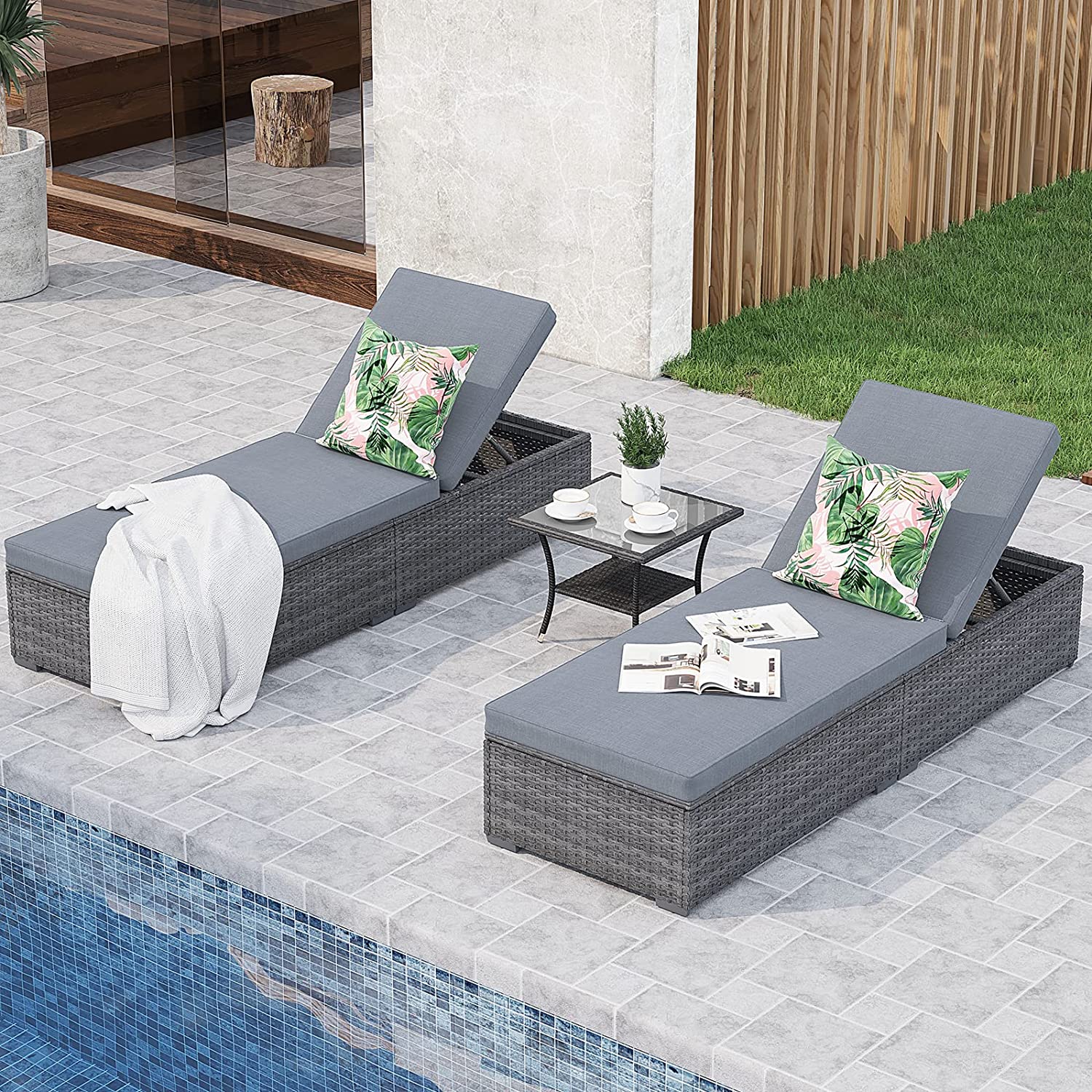 JOIVI Outdoor Chaise Lounge Chair, 3 Piece Patio Reclining Sun Lounger with Coffee Table, All Weather PE Rattan Adjustable Lounge Chair, Patio Pool Lounge Chairs with Removable Cushion, Grey - image 1 of 7