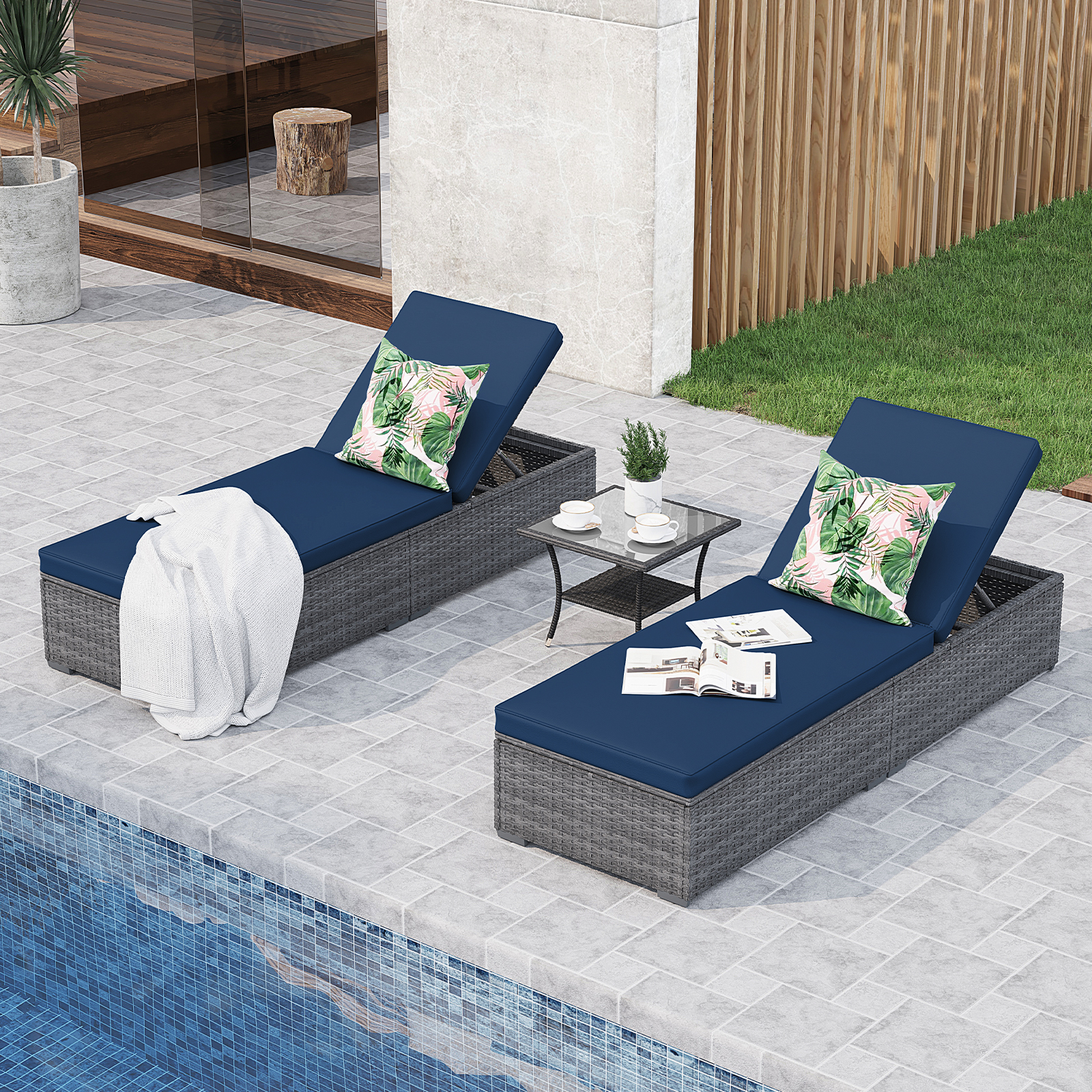 JOIVI Outdoor Chaise Lounge Chair, 3 Piece Patio Reclining Sun Lounger with Coffee Table, All Weather PE Rattan Adjustable Lounge Chair, Patio Pool Lounge Chairs with Removable Cushion, Navy Blue - image 1 of 8