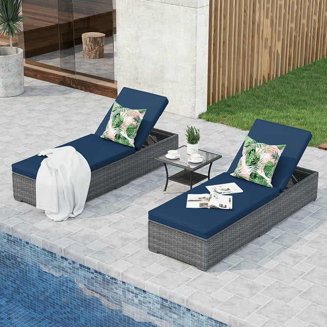 JOIVI Outdoor Chaise Lounge Chair, 3 Piece Patio Reclining Sun Lounger with Coffee Table, All Weather PE Rattan Adjustable Lounge Chair, Patio Pool Lounge Chairs with Removable Cushion, Navy Blue