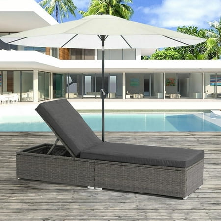JOIVI Outdoor Chaise Lounge Chair, Gray Wicker Rattan Adjustable Position Sun Lounger with Removable Dark Gray Cushions