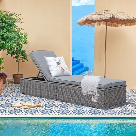 JOIVI Outdoor Chaise Lounge Chair, Gray Wicker Rattan Adjustable Position Sun Lounger with Removable Gray Cushions