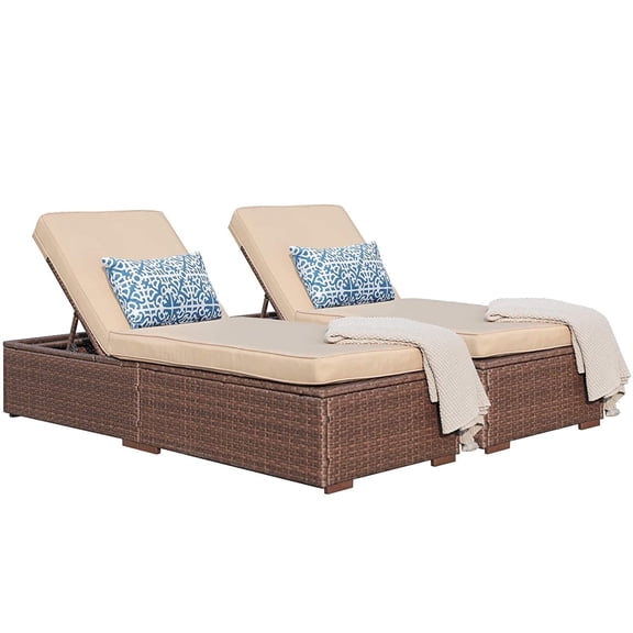 JOIVI Outdoor Chaise Lounge Chairs, Brown Wicker Rattan Adjustable Position Sun Lounger with Removable Beige Cushions- Set of 2
