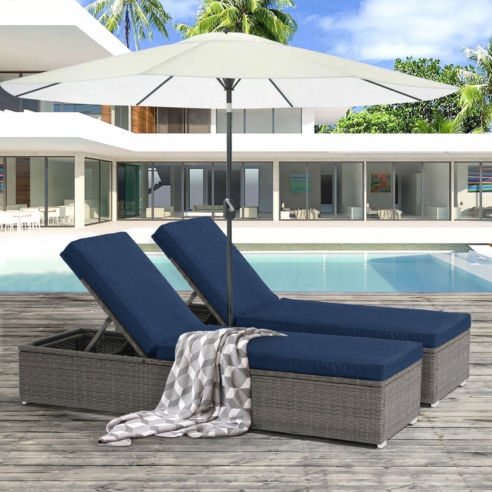 JOIVI Outdoor Chaise Lounge Chairs, Gray Wicker Rattan Adjustable Position Sun Lounger with Removable Navy Cushions- Set of 2