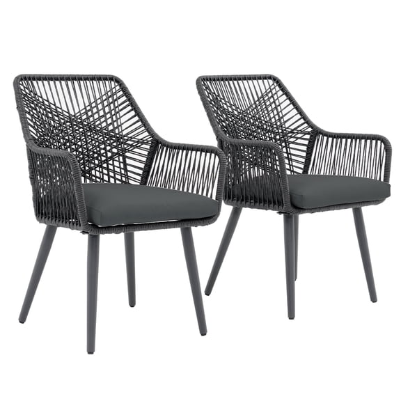 JOIVI Outdoor Dining Chairs Set of 2, Wicker Patio Chairs with Metal Frame, Rattan Indoor-Outdoor Chairs with Armrest and Seat Cushions, Black