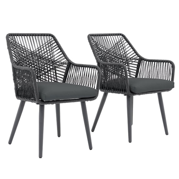 JOIVI Outdoor Dining Chairs Set of 2, Wicker Patio Chairs with Metal Frame, Rattan Indoor-Outdoor Chairs with Armrest and Seat Cushions, Black