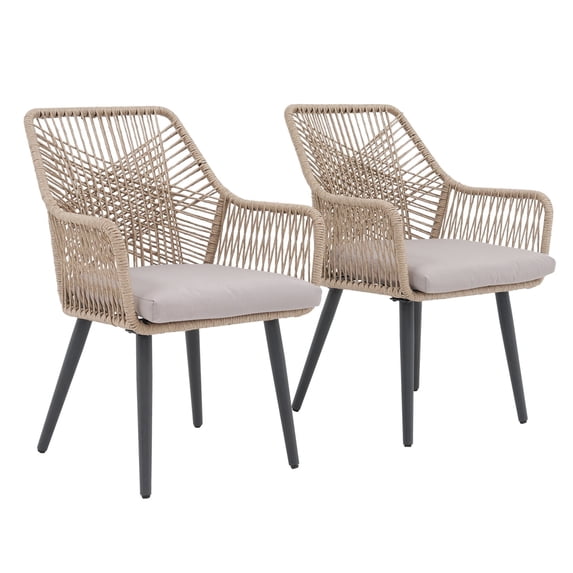 JOIVI Outdoor Dining Chairs Set of 2, Wicker Patio Chairs with Metal Frame, Rattan Indoor-Outdoor Chairs with Armrest and Seat Cushions, Tan