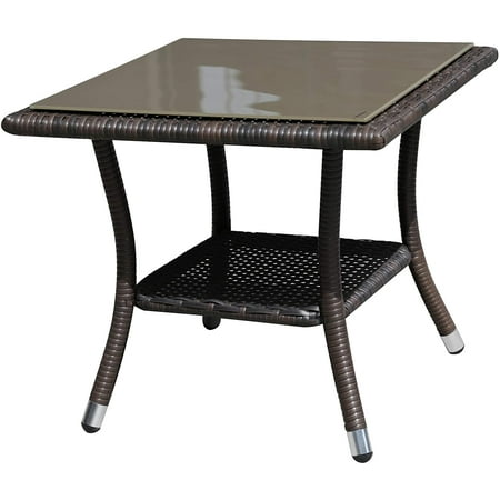 JOIVI Outdoor End Table Rattan Square Glass Top, Aluminum Frame, Espresso Brown