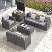 JOIVI Outdoor Furniture Set, 8 Piece Patio Wicker Sectional Patio Furniture with Storage Box, Tempered Glass Coffee Table and Three Blue Pillows, Gray