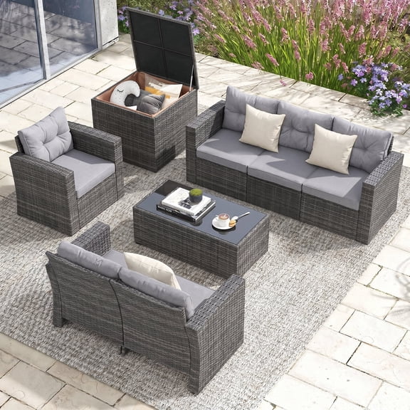 JOIVI Outdoor Furniture Set, 8 Piece Patio Wicker Sectional Patio Furniture with Storage Box, Tempered Glass Coffee Table and Three Blue Pillows, Gray