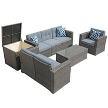 JOIVI Outdoor Furniture Set, 8 Piece Patio Wicker Sectional Patio Furniture with Storage Box, Tempered Glass Coffee Table and Three Blue Pillows, Gray