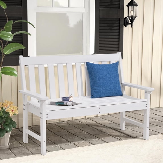 JOIVI Outdoor Patio Bench, Patio Bench for 2 Person with Armrest and Backrest, Outdoor Loveseat for Outside Garden, Yard, Porch, Lawn, White