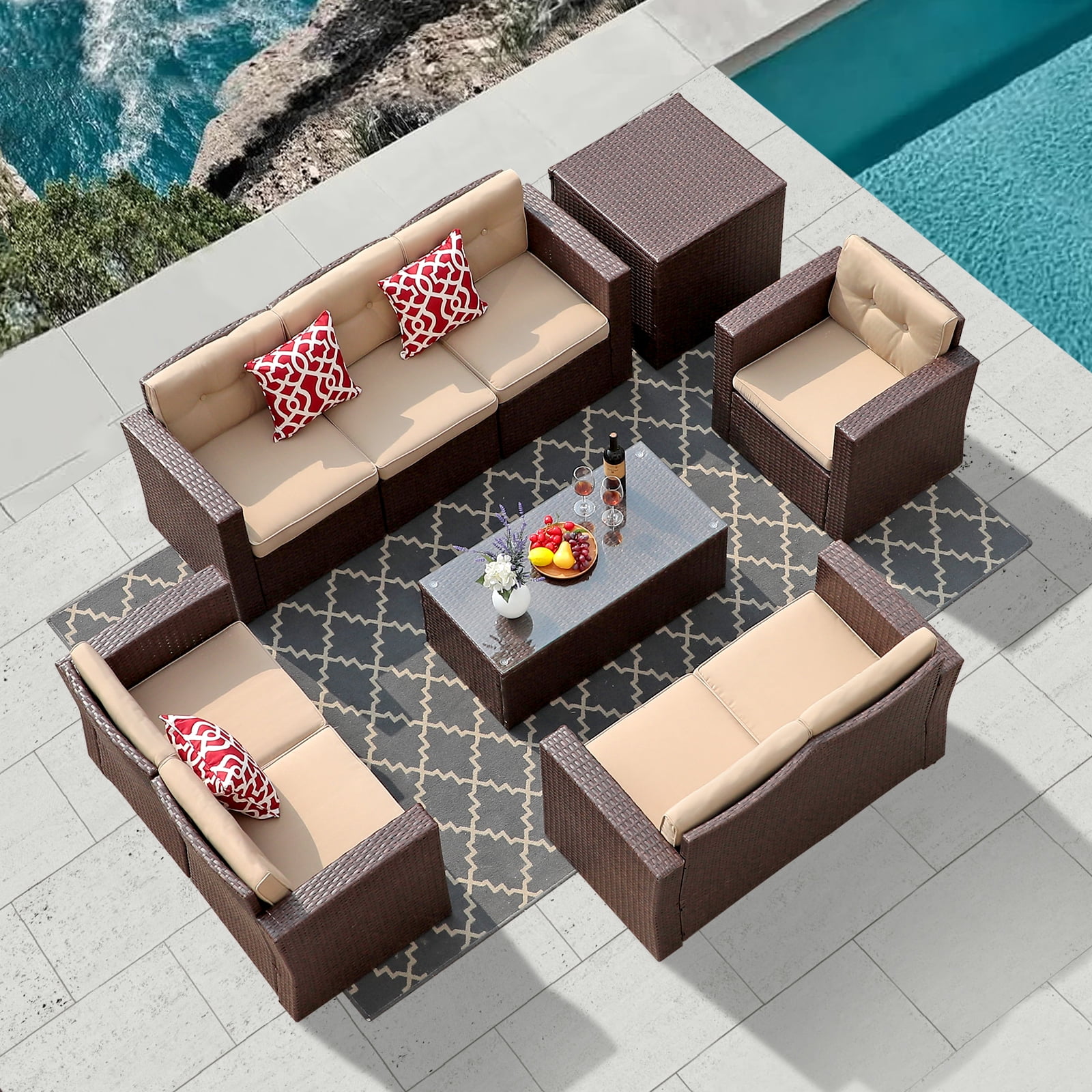 JOIVI Outdoor Sectional 8 Sofa Set, 9 Pieces AllWeather PE Wicker
