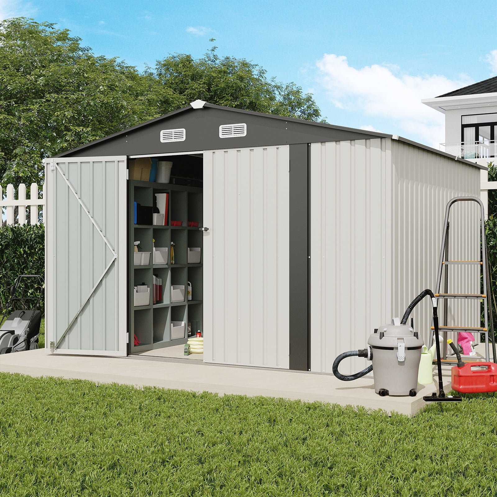 JOIVI Outdoor Storage Shed, 10'x8' Large Galvanized Steel Metal Garden Shed, Double Door W/Lock, Outdoor Storage House for Backyard Patio Lawn, White