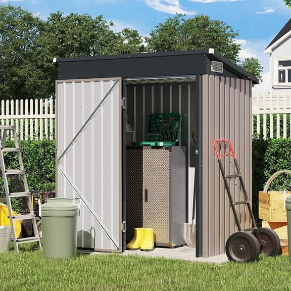 JOIVI Outdoor Storage Shed, 5'x3' Small Galvanized Metal Steel Weather Resistant Garden Storage Shed W/Lockable Door, Tool Storage Shed, Brown