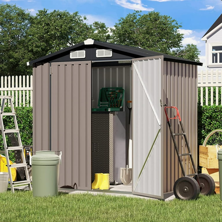 JOIVI Outdoor Storage Shed, 6'x4' Galvanized Metal Steel Weather Resistant  Garden Shed, Tool Storage Shed W/Lock, Brown, Trash Cans 