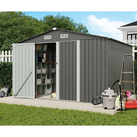 JOIVI Outdoor Storage Shed, 8'x10' Large Galvanized Steel Metal Garden Shed, Double Door W/Lock, Outdoor Storage House for Backyard Patio Lawn, Gray