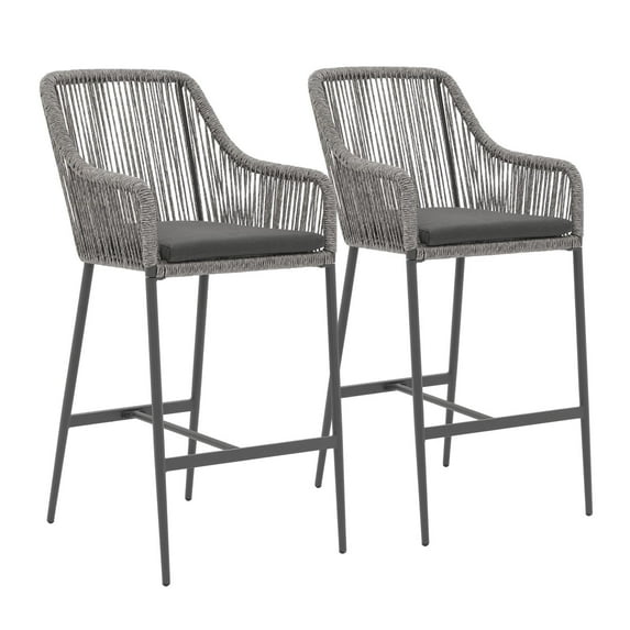 JOIVI Outdoor Wicker Bar Stools, 2 Piece Patio Bar Height Chairs with Cushions, All-Weather Rope Height Stools w/ Armrest and Footrest for Indoor, Garden, Poolside, Lawn, Backyard, Gray
