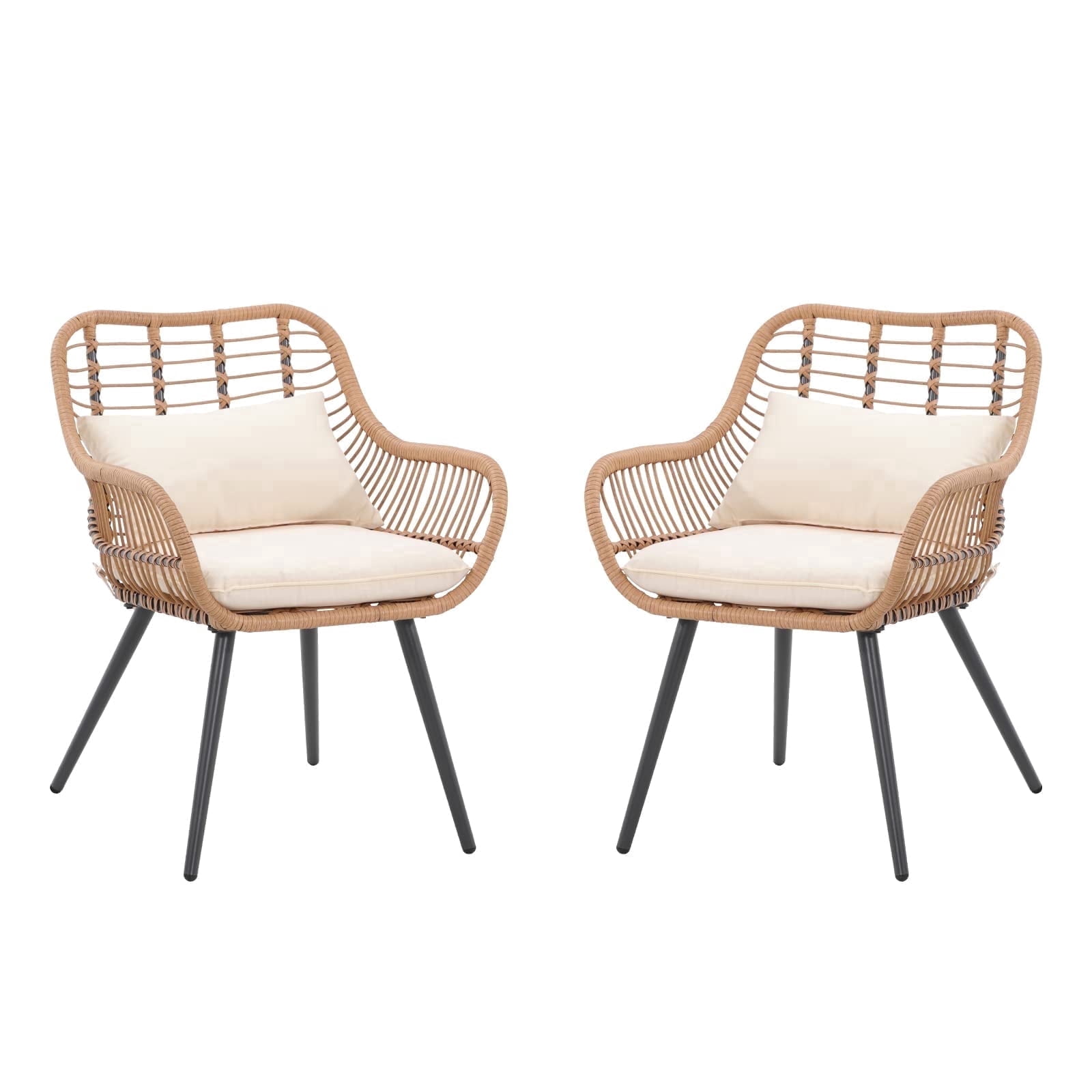 JOIVI Outdoor Wicker Chairs Set of 2, Patio Dining Chair with Cushions, All-weather Rattan Porch Chairs with Armrest for Outside Lawn, Balcony, Garden, White