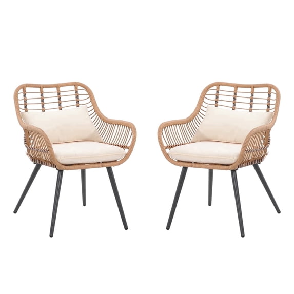 JOIVI Outdoor Wicker Chairs Set of 2, Patio Dining Chair with Cushions, All-weather Rattan Porch Chairs with Armrest for Outside Lawn, Balcony, Garden, White