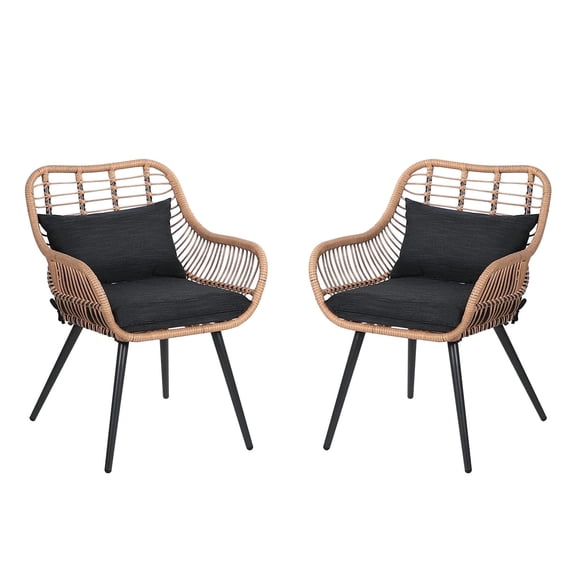 JOIVI Outdoor Wicker Chairs Set of 2, Patio Dining Chairs with Cushions, All-weather Rattan Porch Chairs with Armrest for Outside Lawn, Balcony, Garden, Black