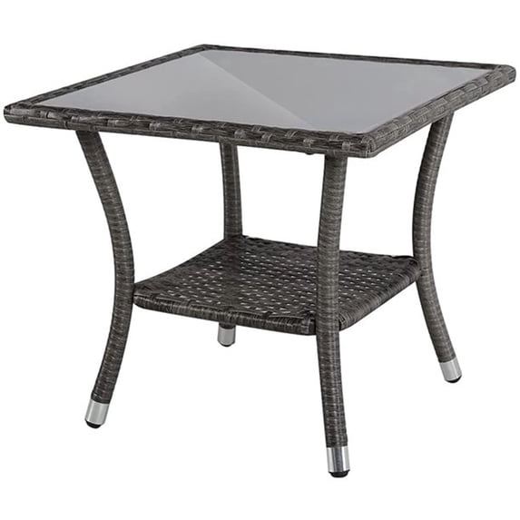 JOIVI Outdoor Wicker End Table Square Glass Top Rattan Coffee Table with Storage, Aluminum Frame, Gray