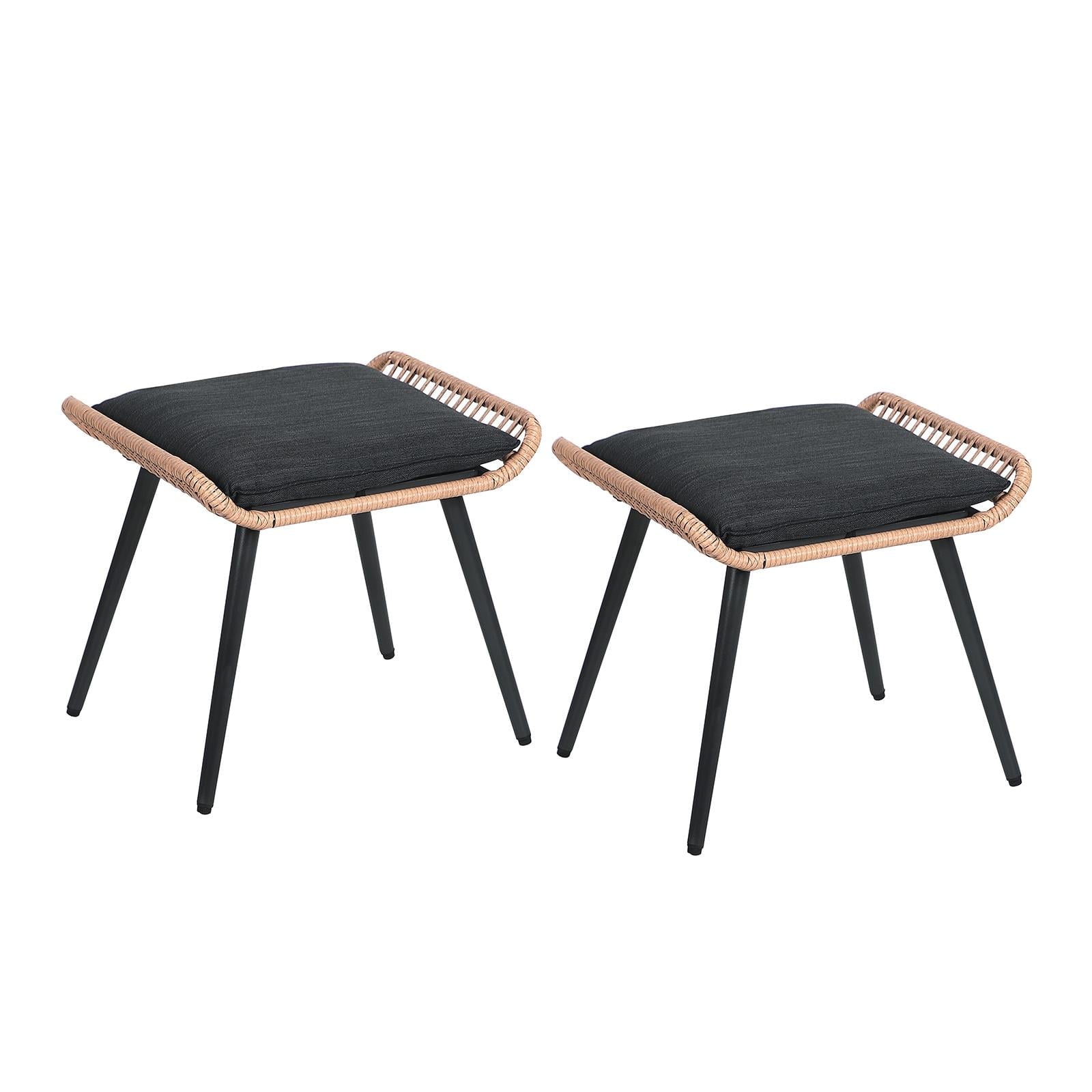 Black and Natural Wicker Rectangular Outdoor Ottomans with Cushions, Set of 2