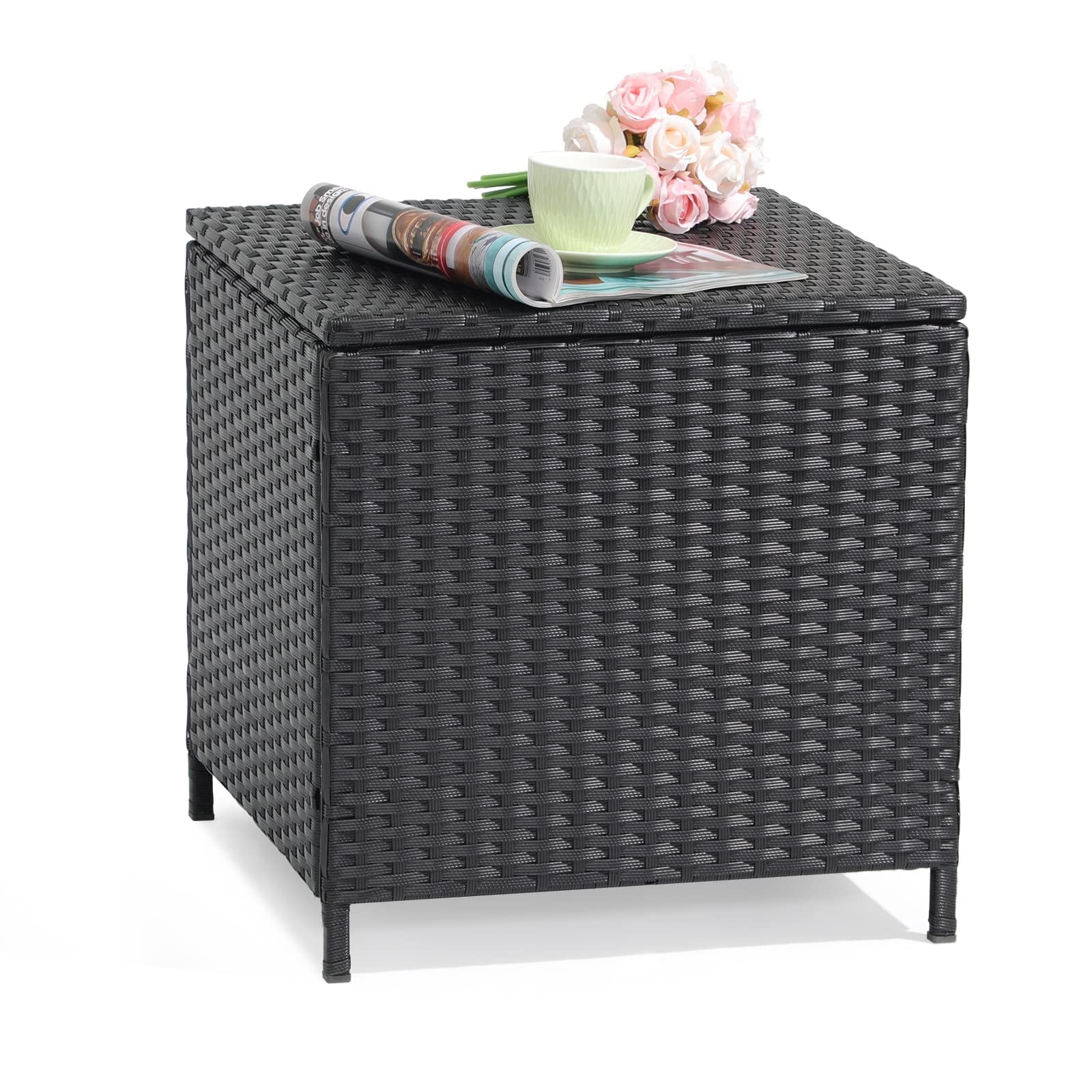 JOIVI Outdoor Wicker Side Table, All-weather Rattan Small Storage Box End Table, Square Resin Coffee Table with Iron Frame,Black
