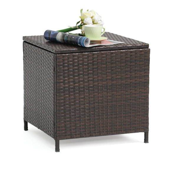 JOIVI Outdoor Wicker Side Table, All-weather Rattan Small Storage Box End Table, Square Resin Coffee Table with Iron Frame, Brown