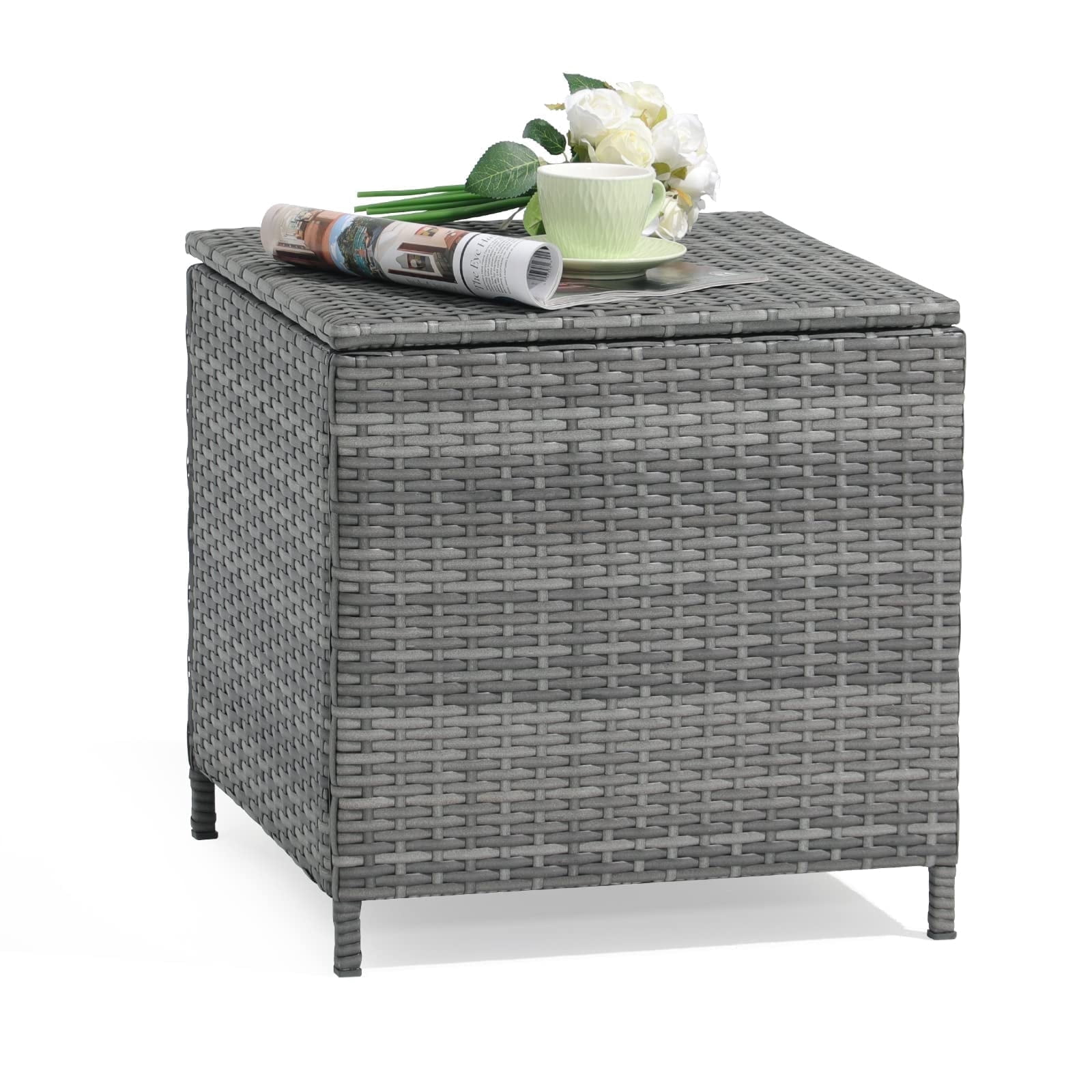 JOIVI Outdoor Wicker Side Table, All-weather Rattan Small Storage Box End Table, Square Resin Coffee Table with Iron Frame, Grey