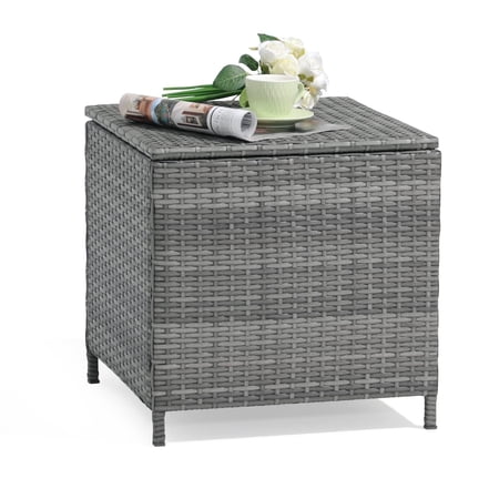 JOIVI Outdoor Wicker Side Table, All-weather Rattan Small Storage Box End Table, Square Resin Coffee Table with Iron Frame, Grey