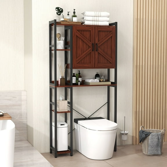 JOIVI Over The Toilet Storage Cabinet, Over Toilet Bathroom Organizer with Adjustable Shelf and Double Doors, Home Space-Saving Toilet Rack, Brown