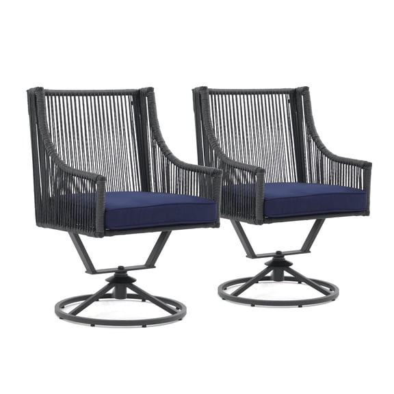JOIVI Patio Chairs Set of 2, 360 Degrees Swivel Outdoor Chairs with High Back and Deep Seating for Outside Deck, Porch, Garden, Balcony (Black Rattan Rope / Navy Blue Cushion)
