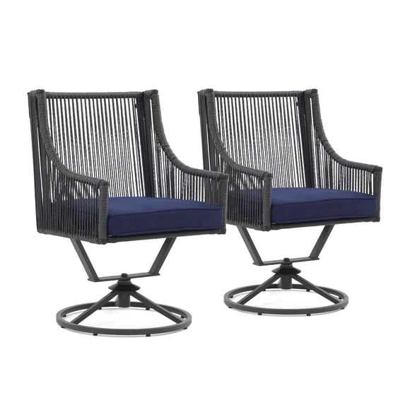 JOIVI Patio Chairs Set of 2, 360 Degrees Swivel Outdoor Chairs with High Back and Deep Seating for Outside Deck, Porch, Garden, Balcony (Black Rattan Rope / Navy Blue Cushion)