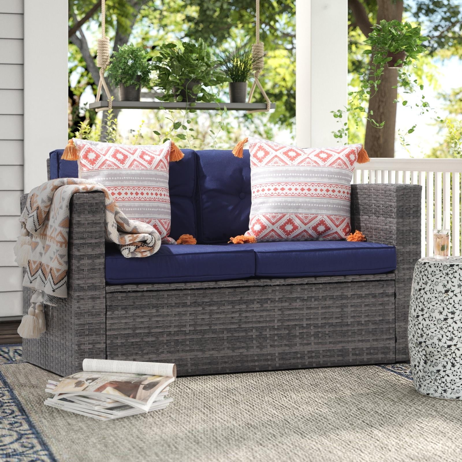 JOIVI Patio Outdoor Wicker Loveseat Sofa Patio Furniture Rattan 2 seat Couch with Cushions for Outside Balcony Porch Deck Garden Navy Blue